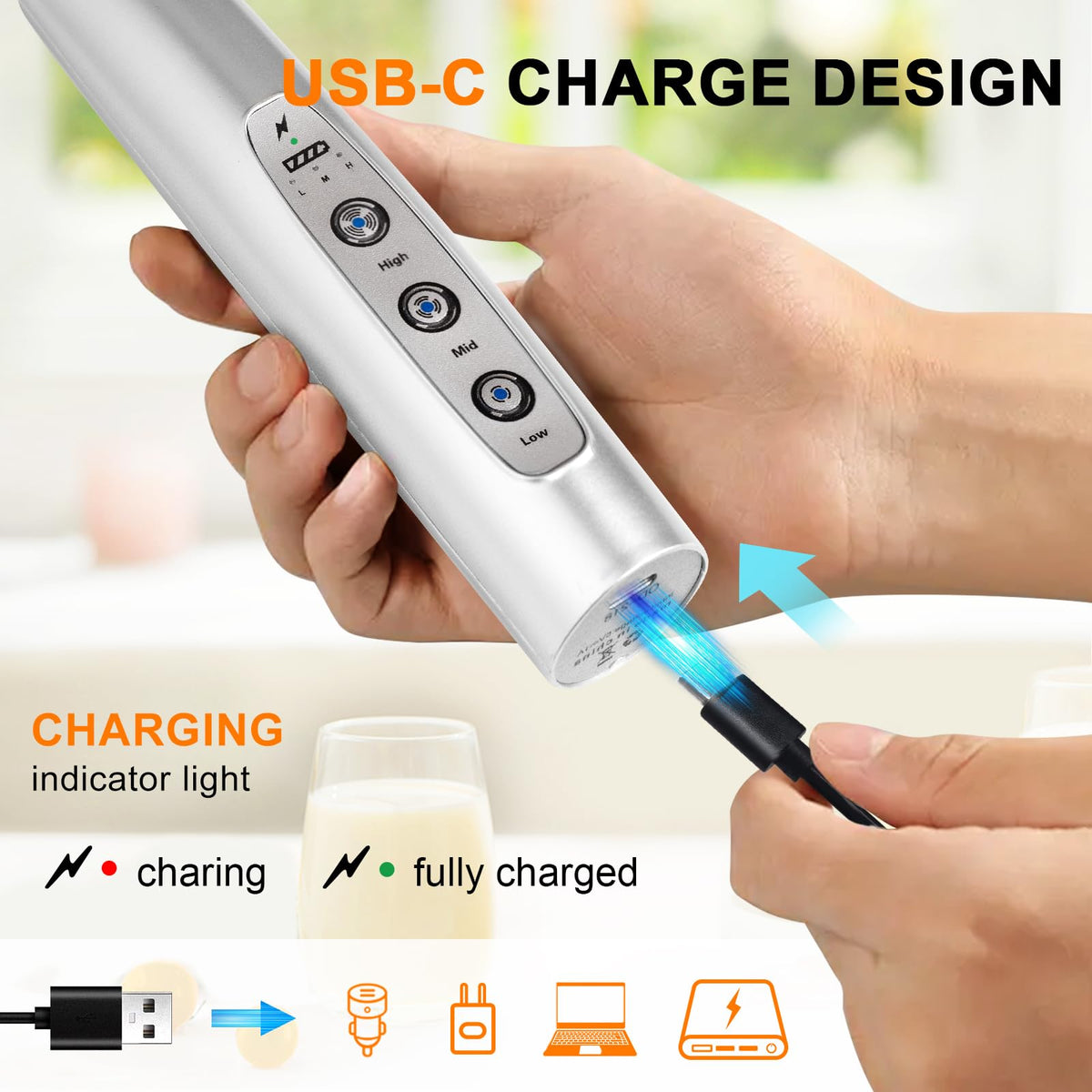 YUSWKO USB charging frother with battery indicator for easy daily use