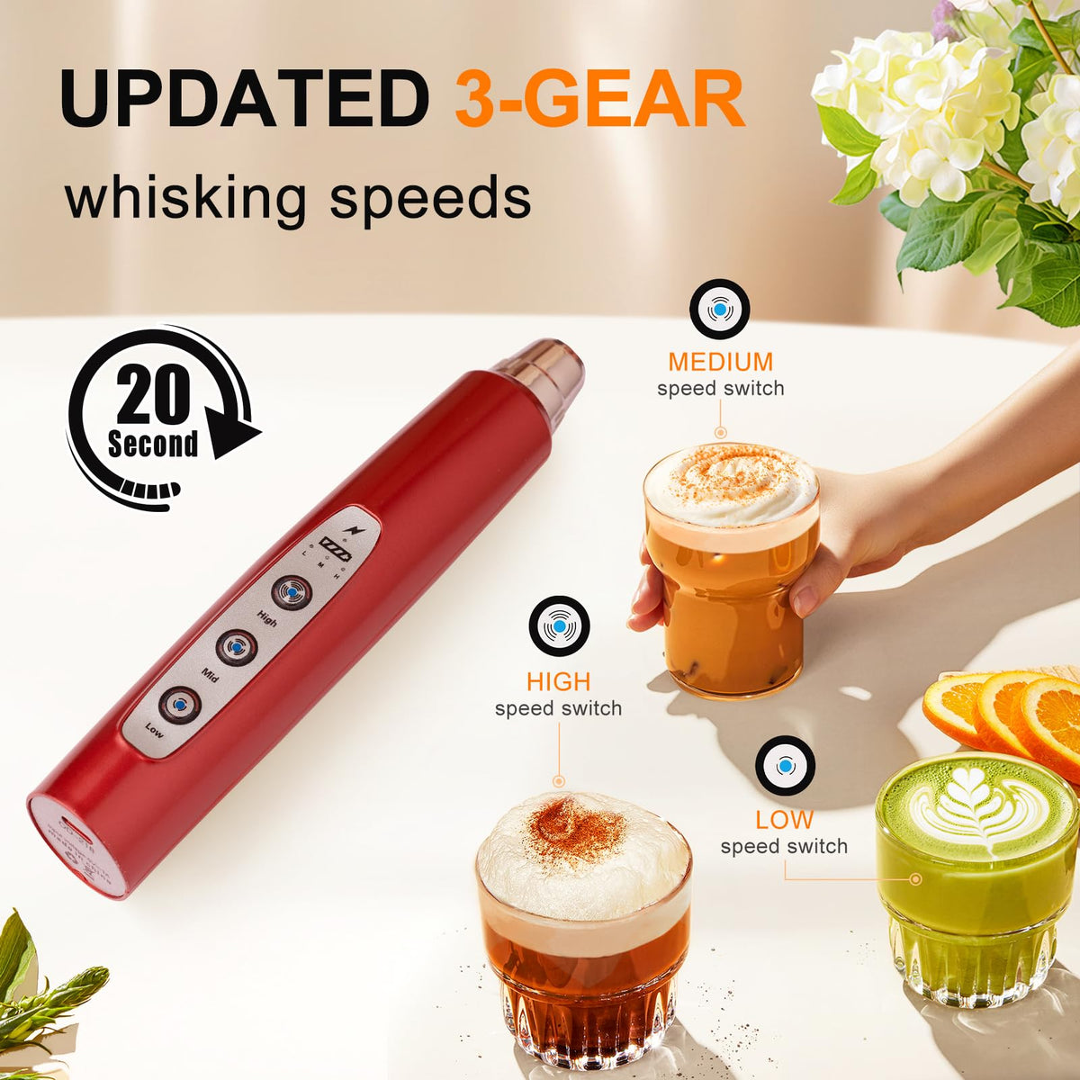 YUSWKO USB-rechargeable frother powers quick foaming without disposable batteries.