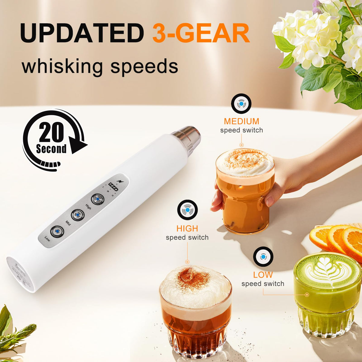 YUSWKO USB rechargeable frother charging with long-life 1500mAh battery.