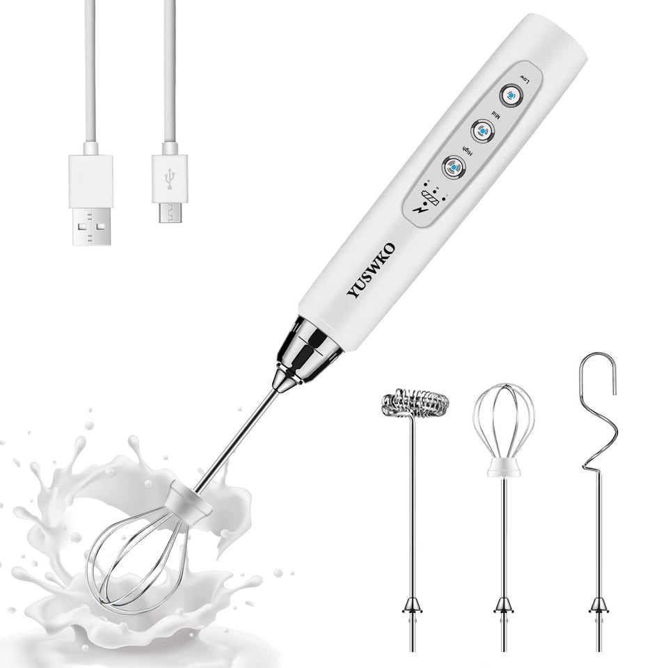 YUSWKO white handheld milk frother wand with three detachable heads for café foam.
