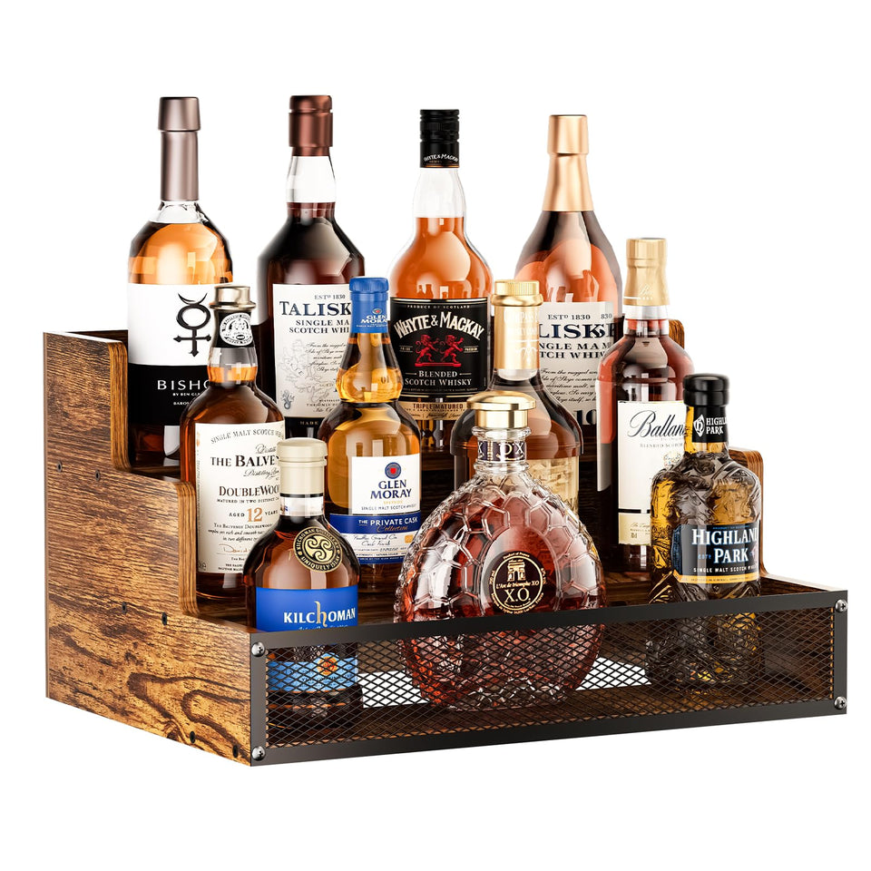 Yuzehuaza 3-step display shelf front view shows organized liquor bottles on a durable wood rack