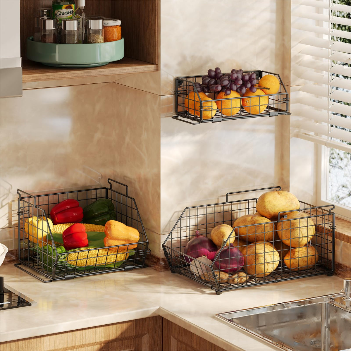 Yuzehuaza stackable wire baskets mounted on wall save counter space