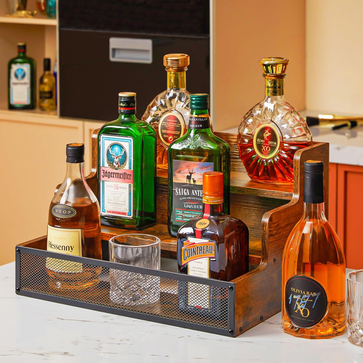 Yuzehuaza wood bar shelves side fence detail helps prevent spills