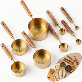 Yuzi 8-piece golden measuring set with wooden handles for precise cooking