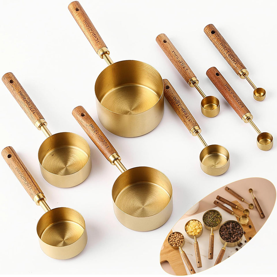 Yuzi 8-piece golden measuring set with wooden handles for precise cooking