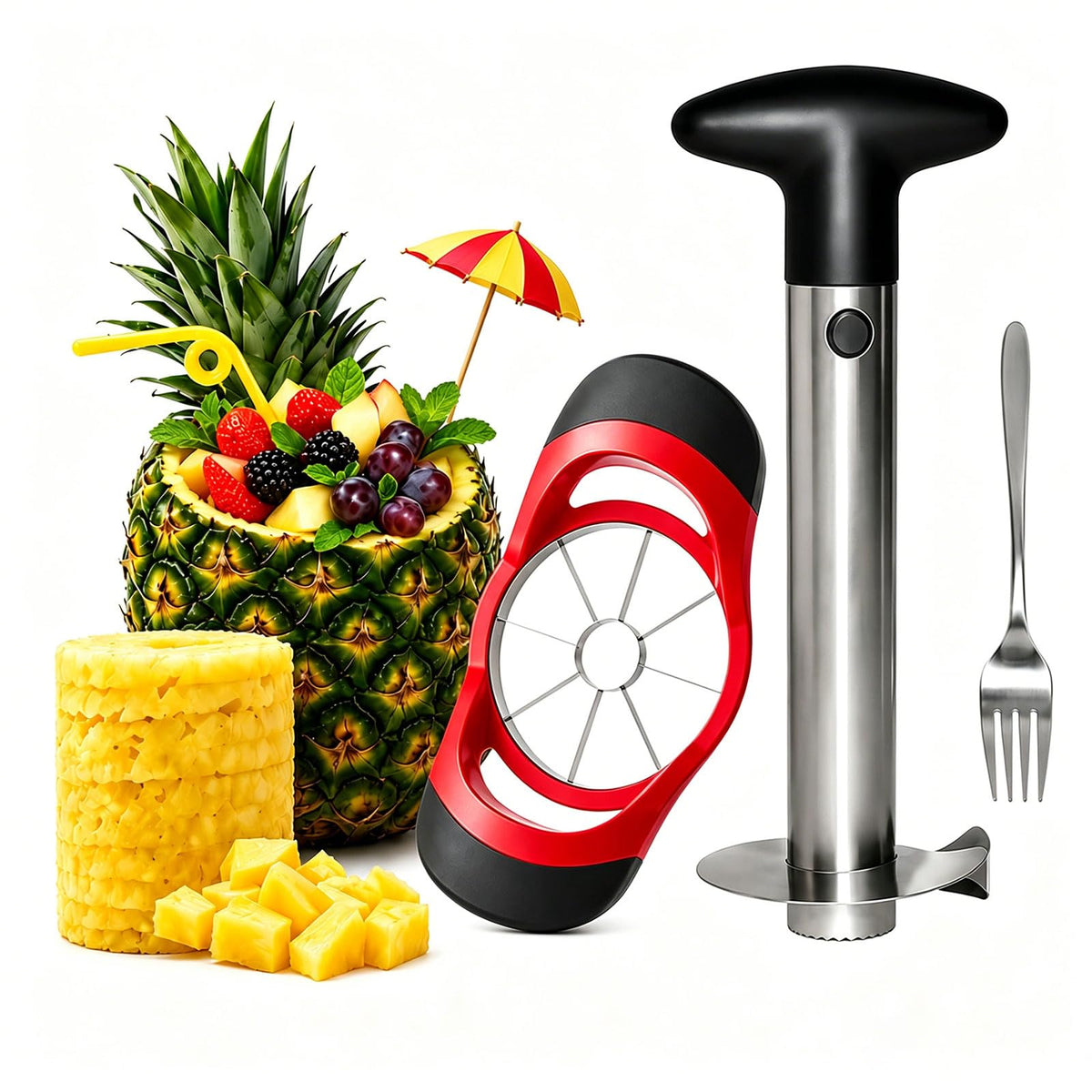 YVREOLP pineapple corer in use for clean cores and quick prep.