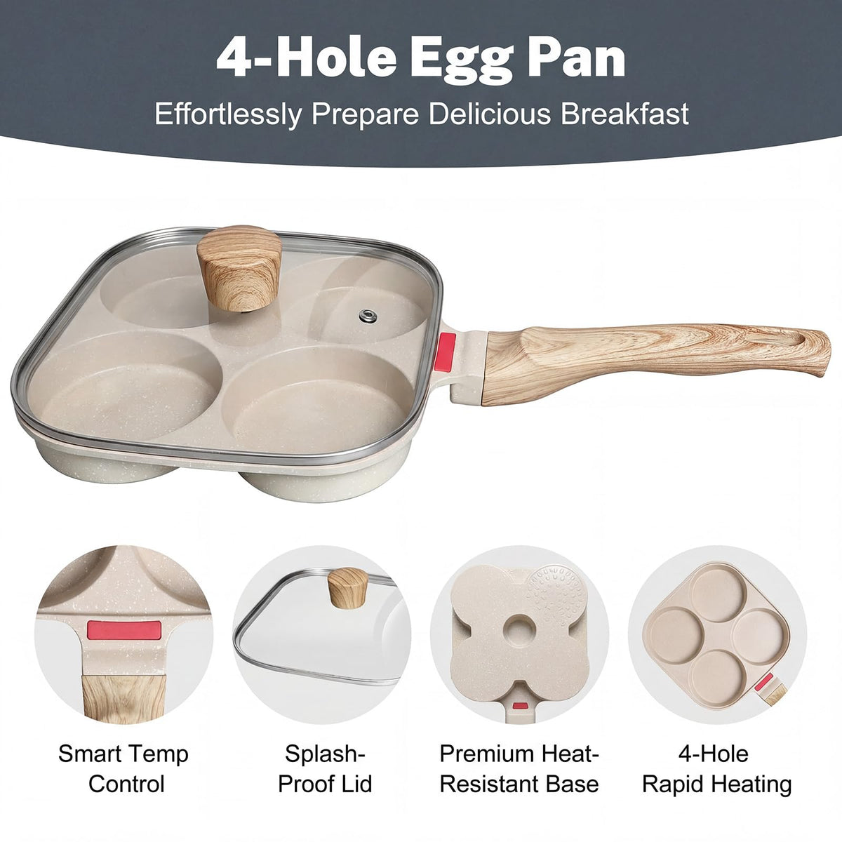 Ywmoml egg pan highlights aluminum body for even heat distribution.