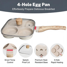 Ywmoml egg pan highlights aluminum body for even heat distribution.