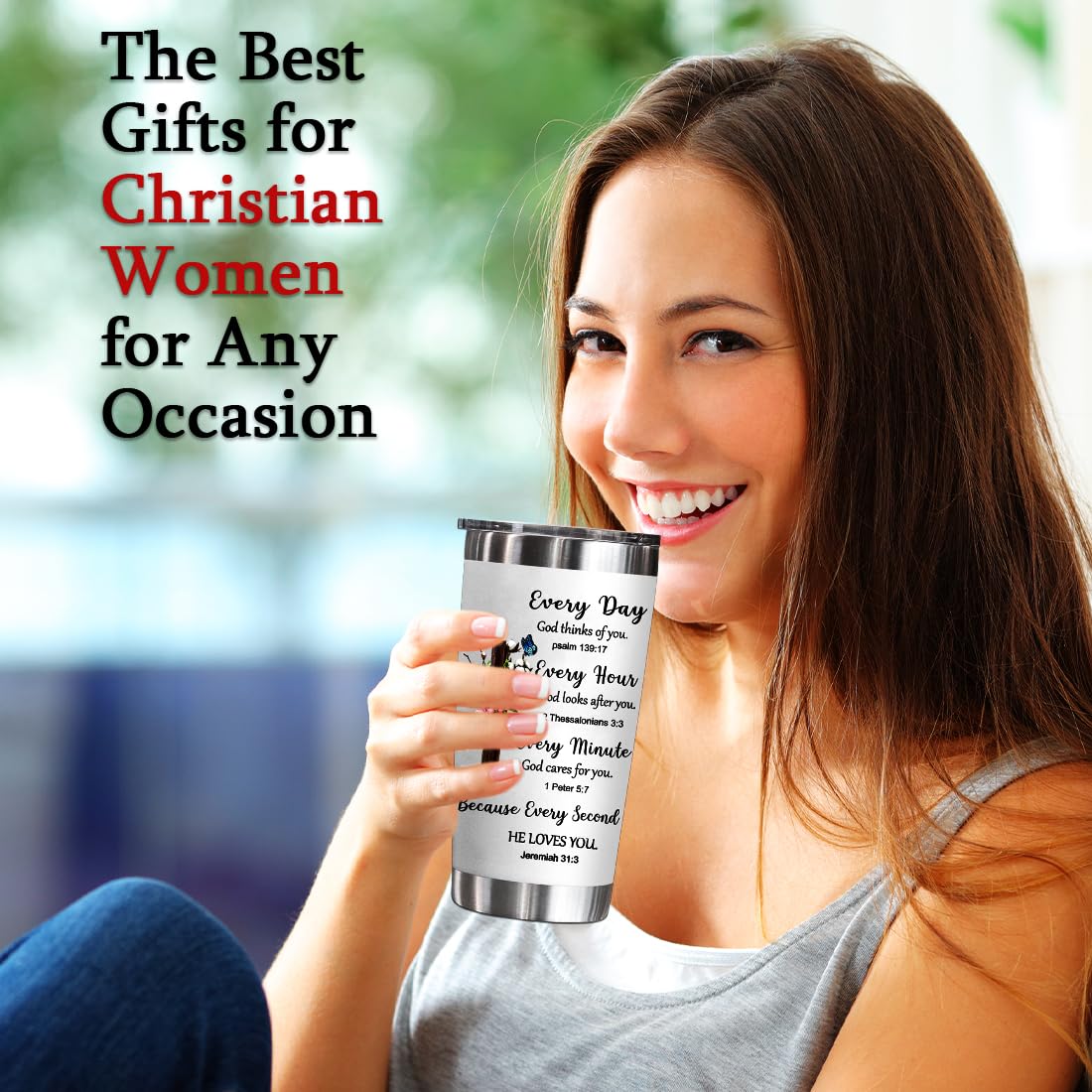 YXOTJHS closeup inscription tumbler highlights uplifting verses for faith-filled moments.