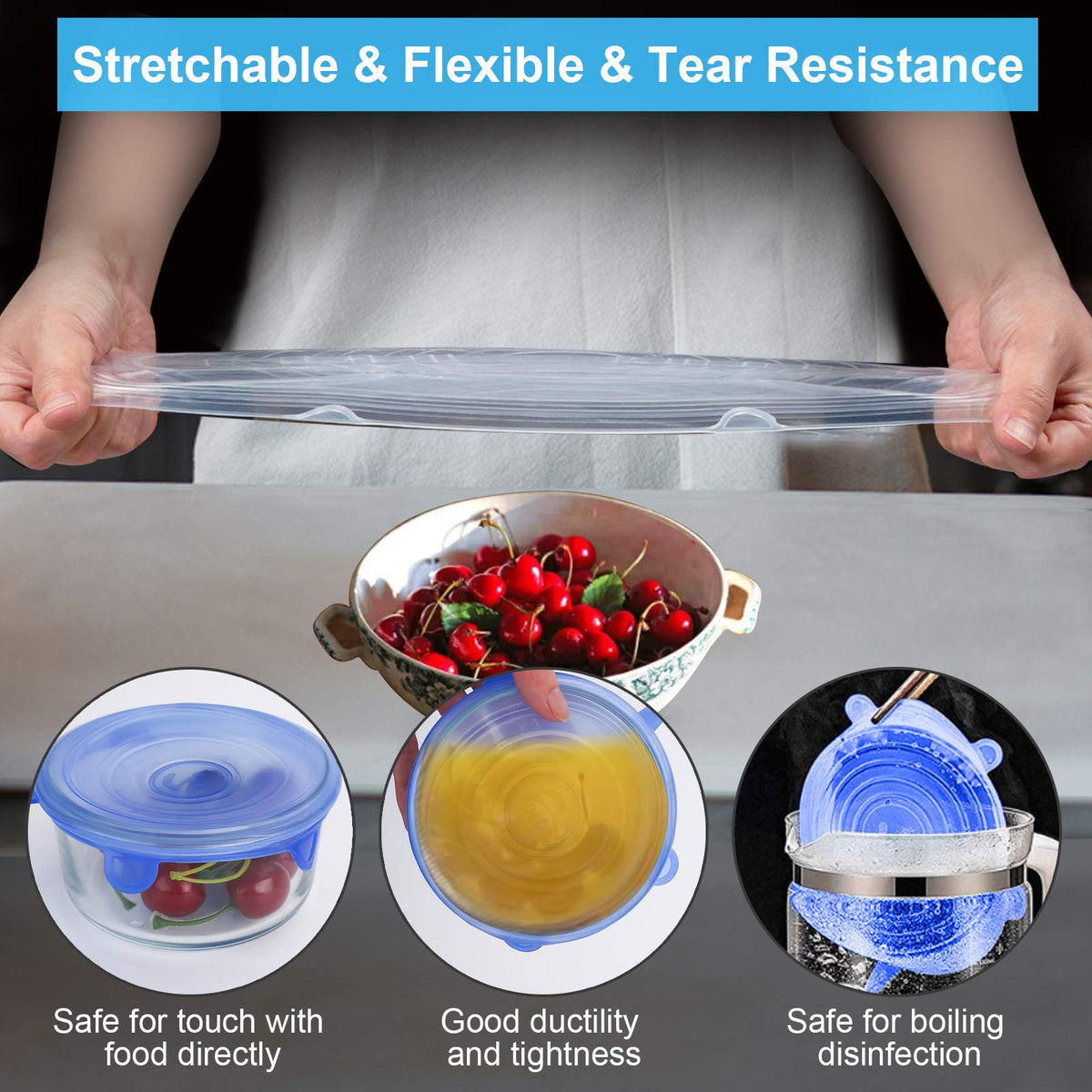 YXYL blue lid stretched over a container shows flexible fit for various shapes