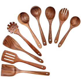 YYLTJR teakwood 9-piece spoon set top view for versatile cooking