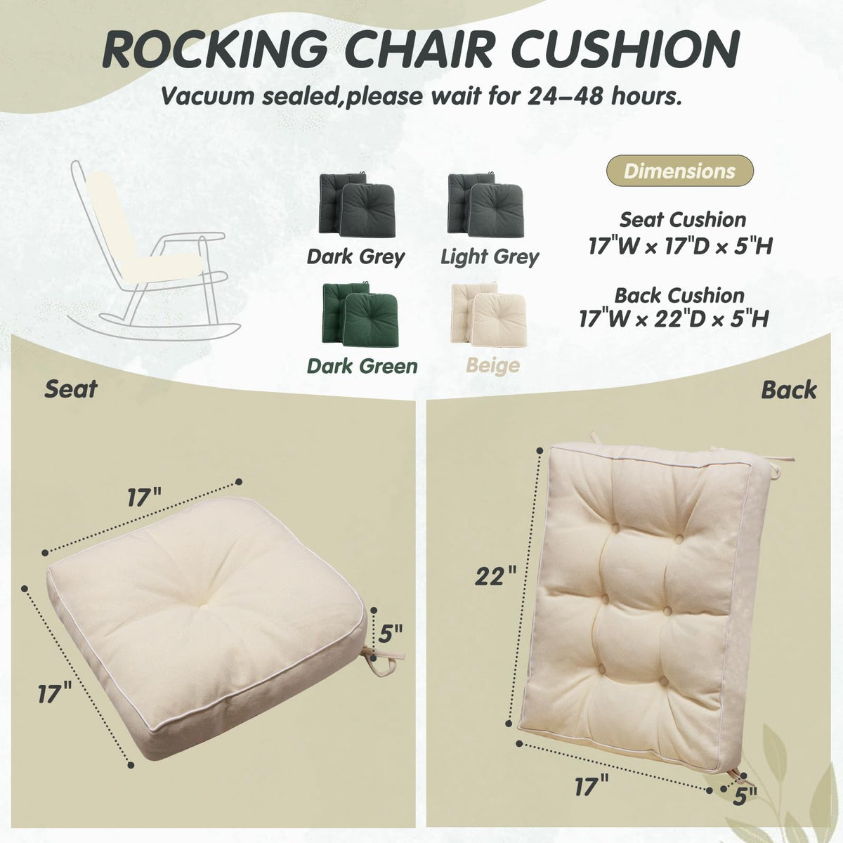 YZ HOME rocking chair cushion back 22x17x5 provides upright support for relaxed lounging.