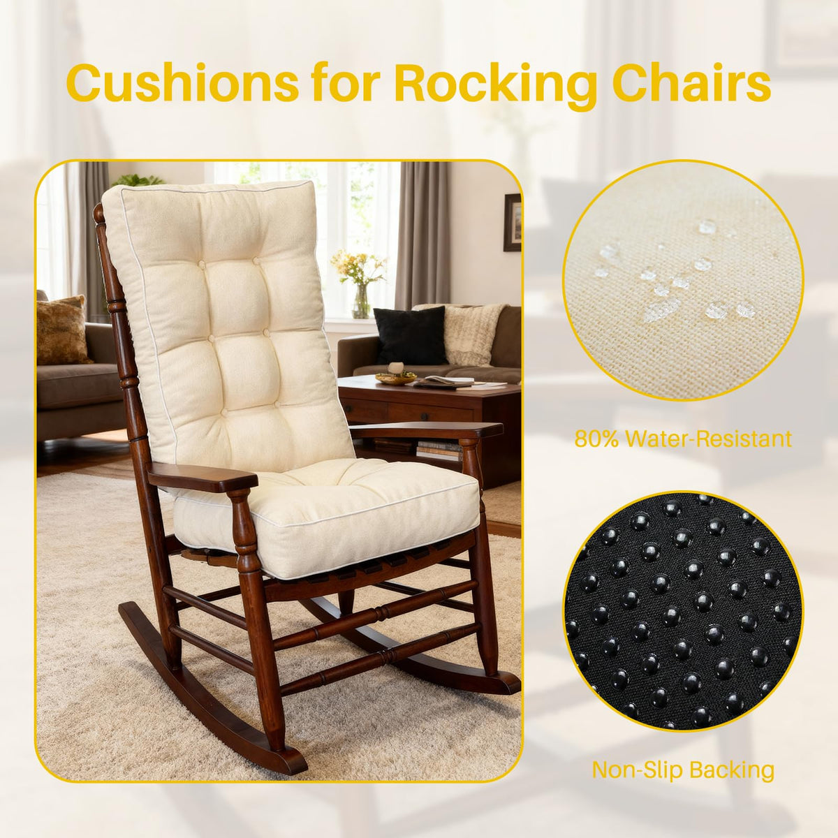 YZ HOME cushions include robust ties to secure on rocking chairs.