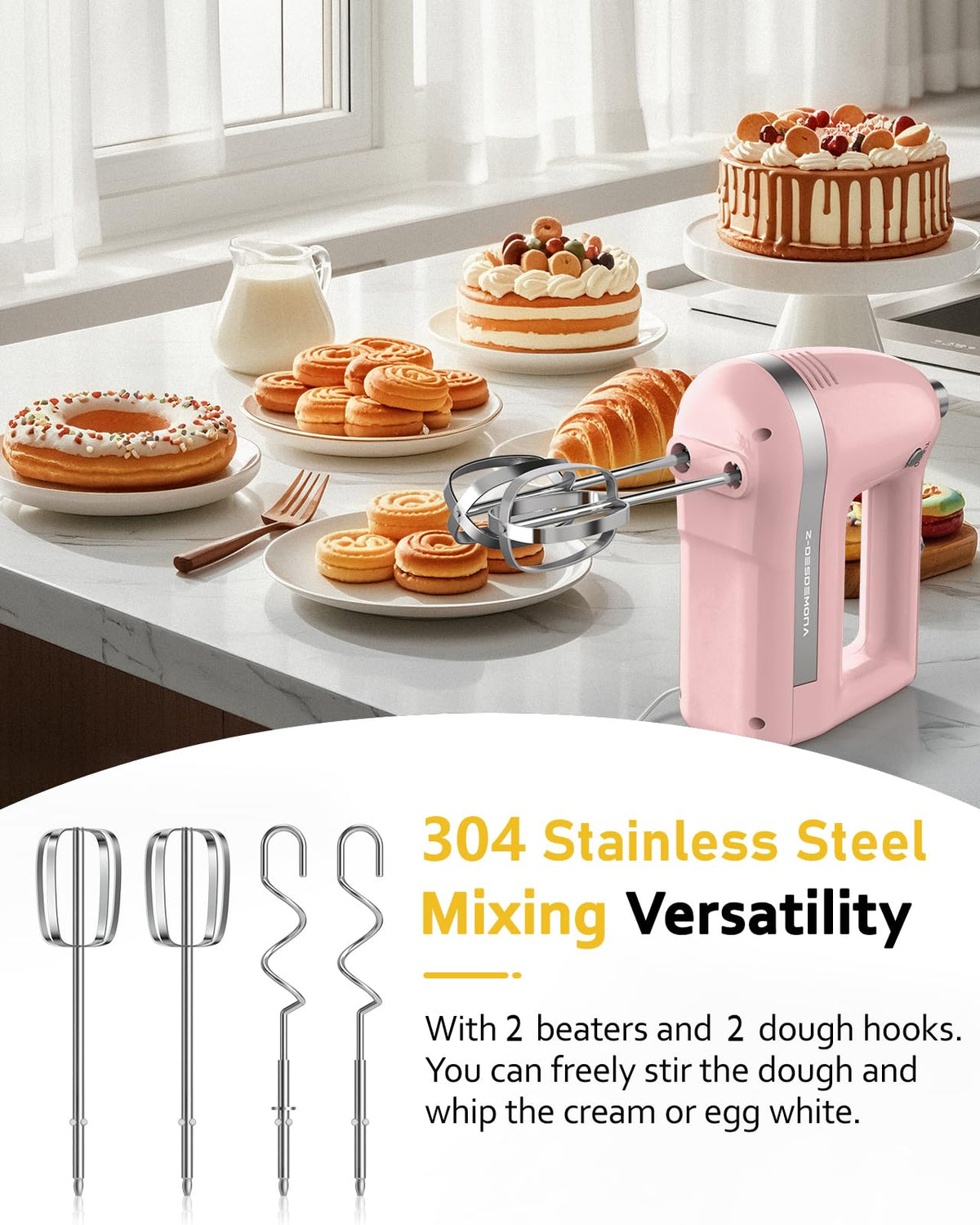 304 stainless steel beaters and dough hooks included with Z-DESDEMONA.