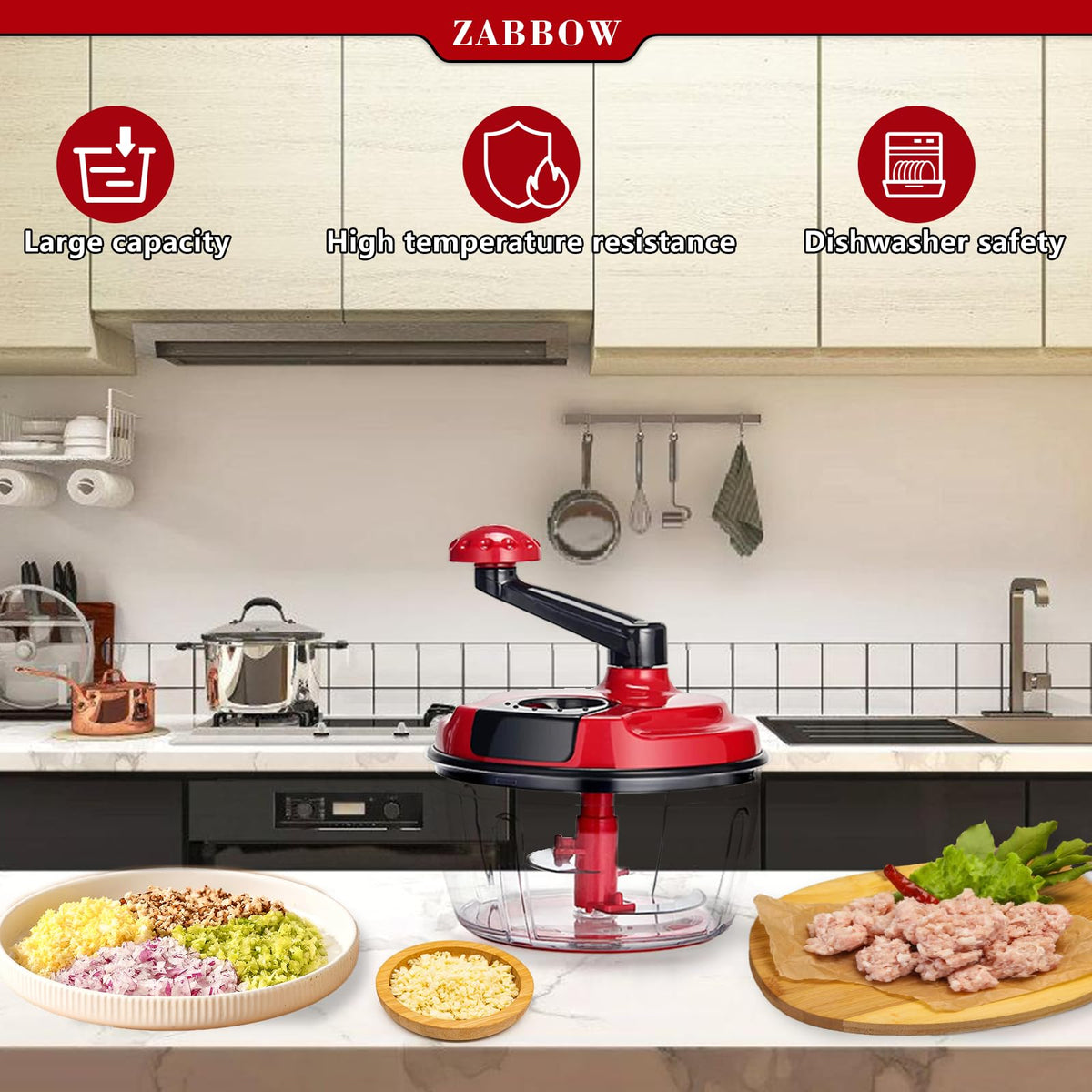 ZABBOW manual food processor crank handle enables effortless onion and garlic mincing