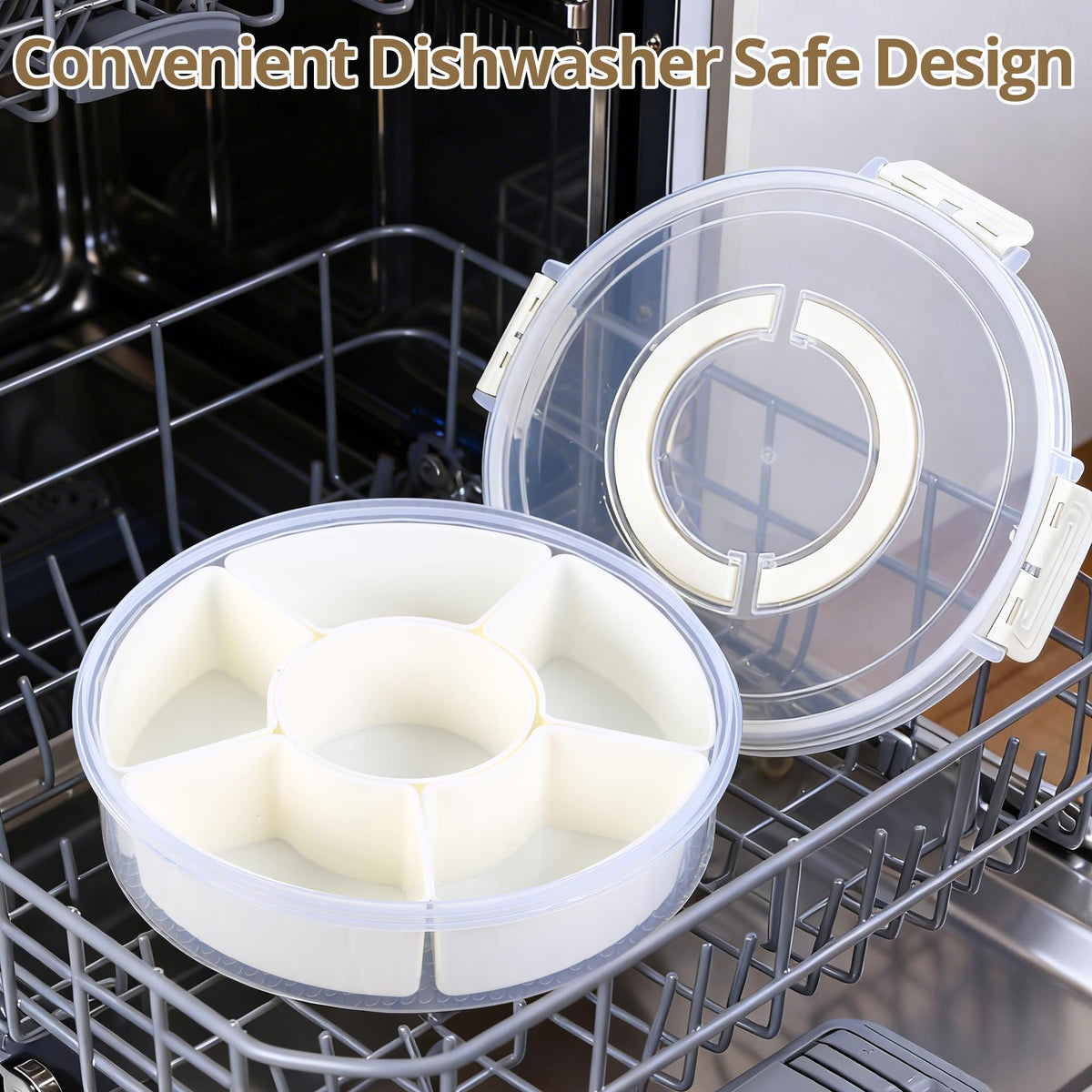 Zaboro beige divided snack container for separate foods.