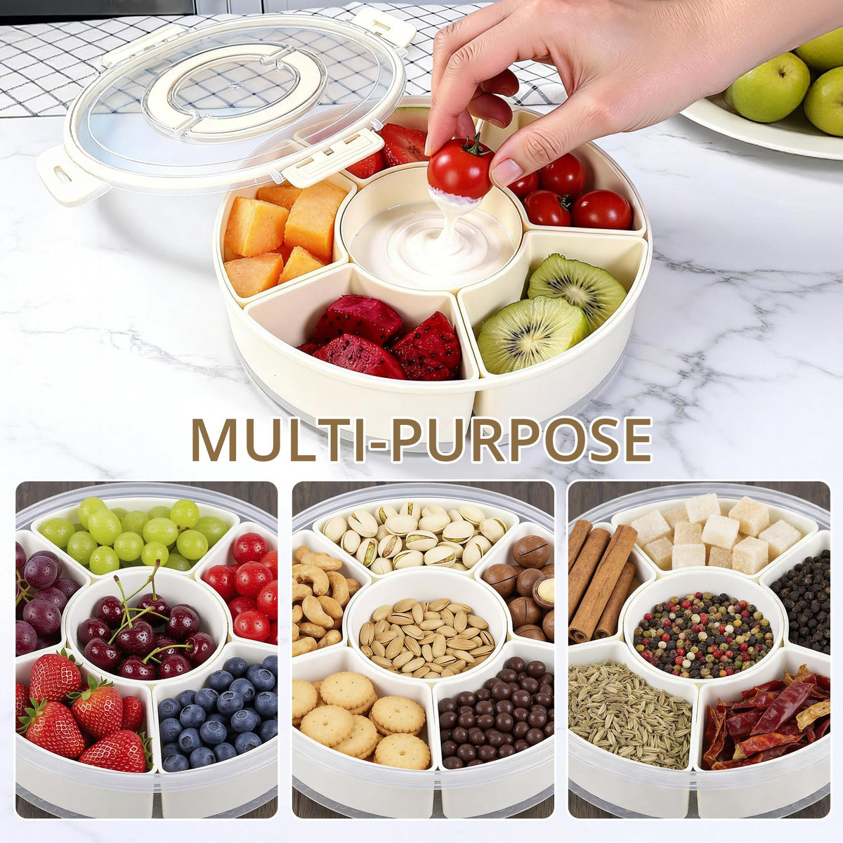 Zaboro rotating 360° snack tray for easy access to all sections.