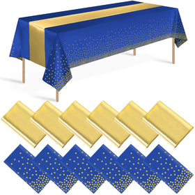 Zachely blue and gold dotted tablecloth covering a table for elegant events.