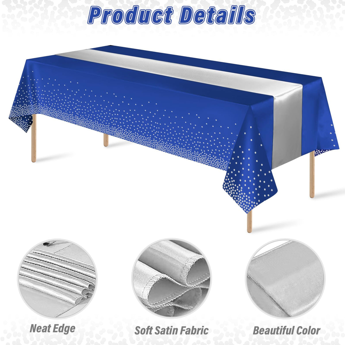 Zachely blue-silver dotted tablecloth closeup showcases vivid color and texture.