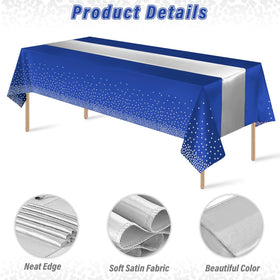 Zachely blue-silver dotted tablecloth closeup showcases vivid color and texture.