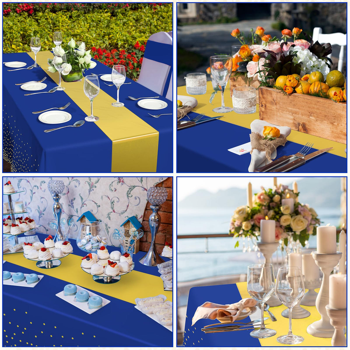Zachely gold foil polka dots on blue background for festive ambiance.