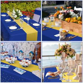 Zachely gold foil polka dots on blue background for festive ambiance.