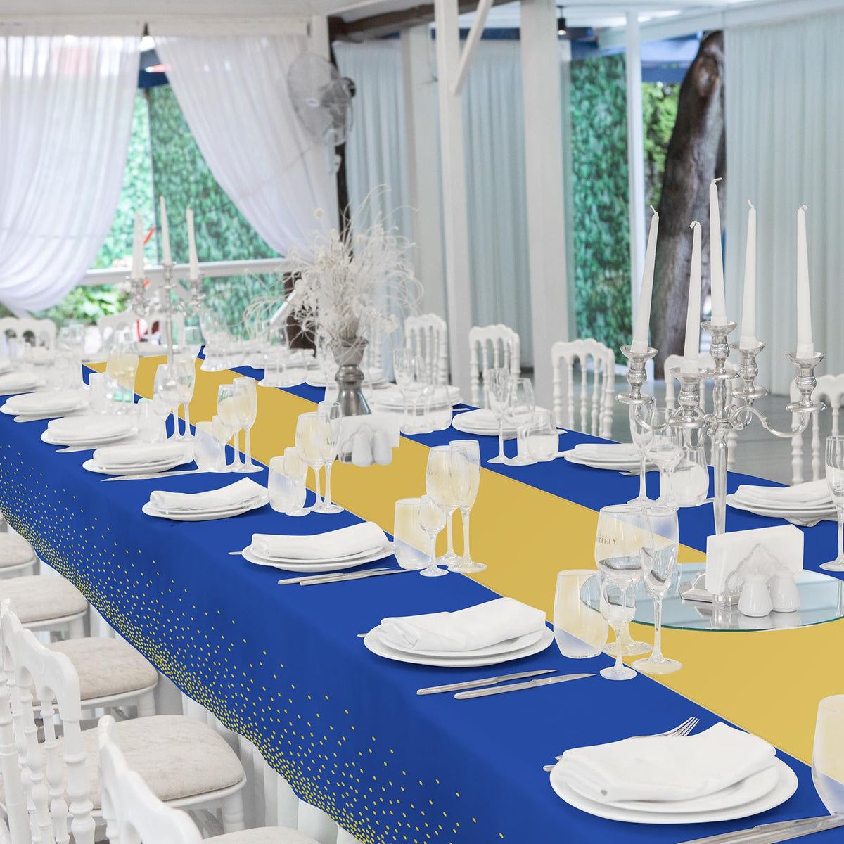 Zachely satin table runner paired with plastic tablecloth for weddings.
