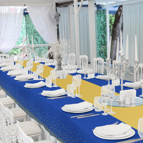 Zachely satin table runner paired with plastic tablecloth for weddings.