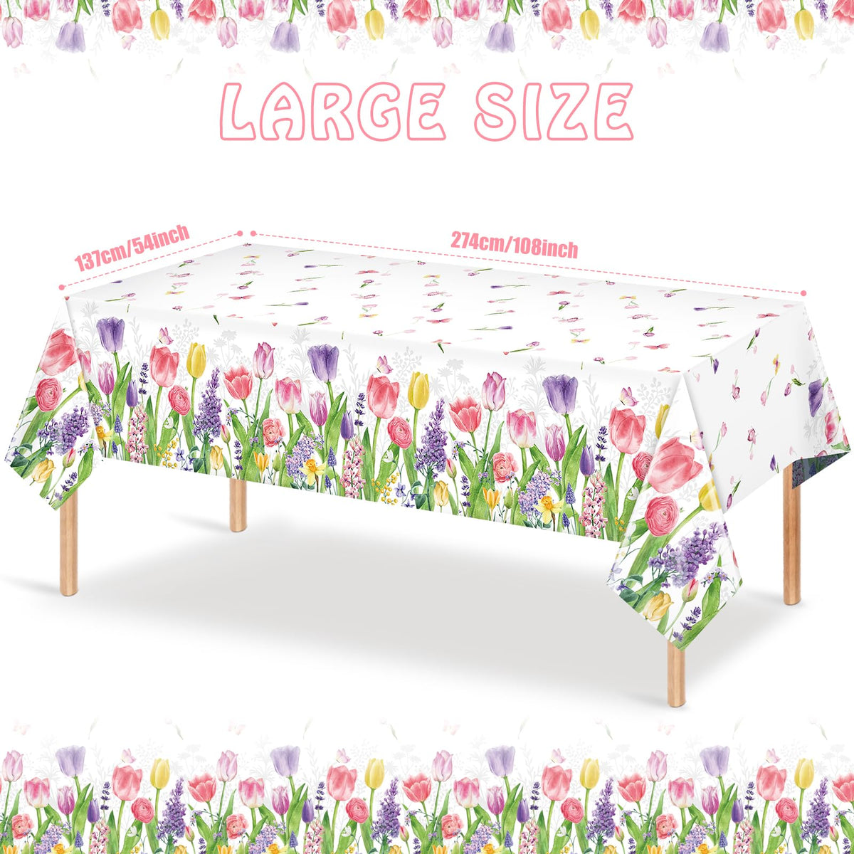 Zachely watercolor floral pattern tablecloth featuring tulips and lavender