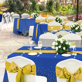 Zachely party setup idea featuring blue and gold decor.
