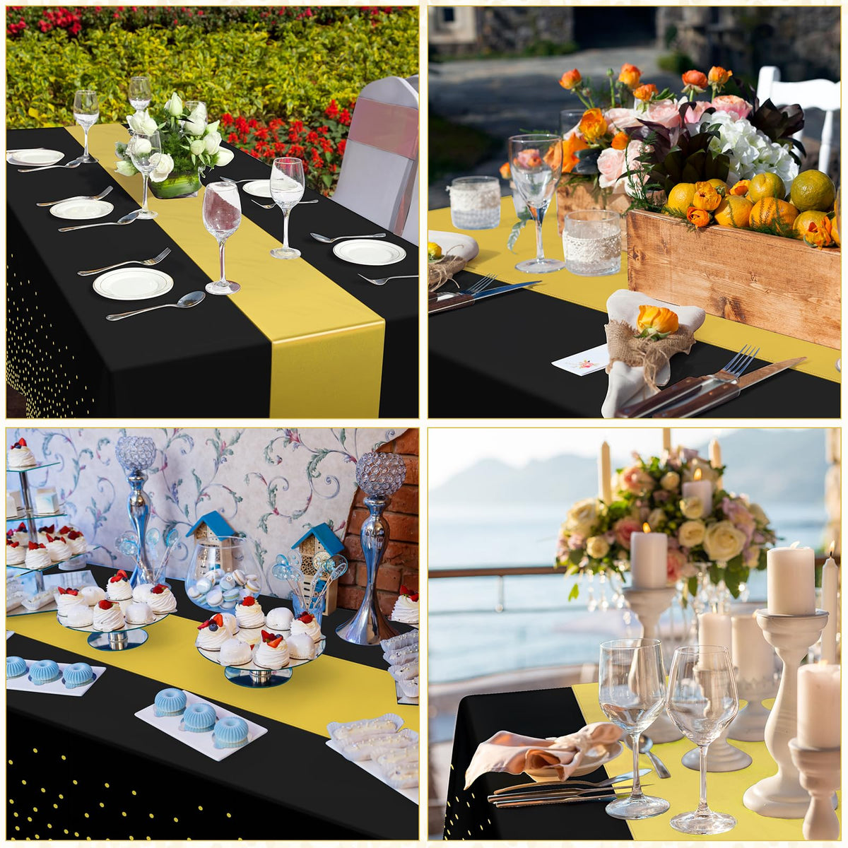 Zachely wedding party setup on a black-gold table with runners
