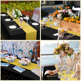Zachely wedding party setup on a black-gold table with runners