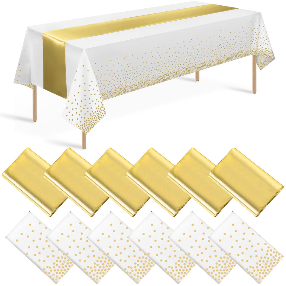 Zachely white and gold dotted tablecloth sets an elegant event vibe.