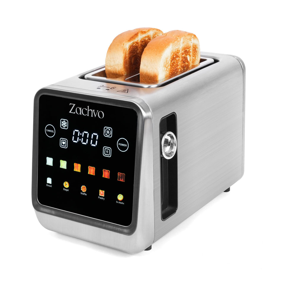 Zachvo 2-slice toaster with smart touchscreen for precise toast timing.