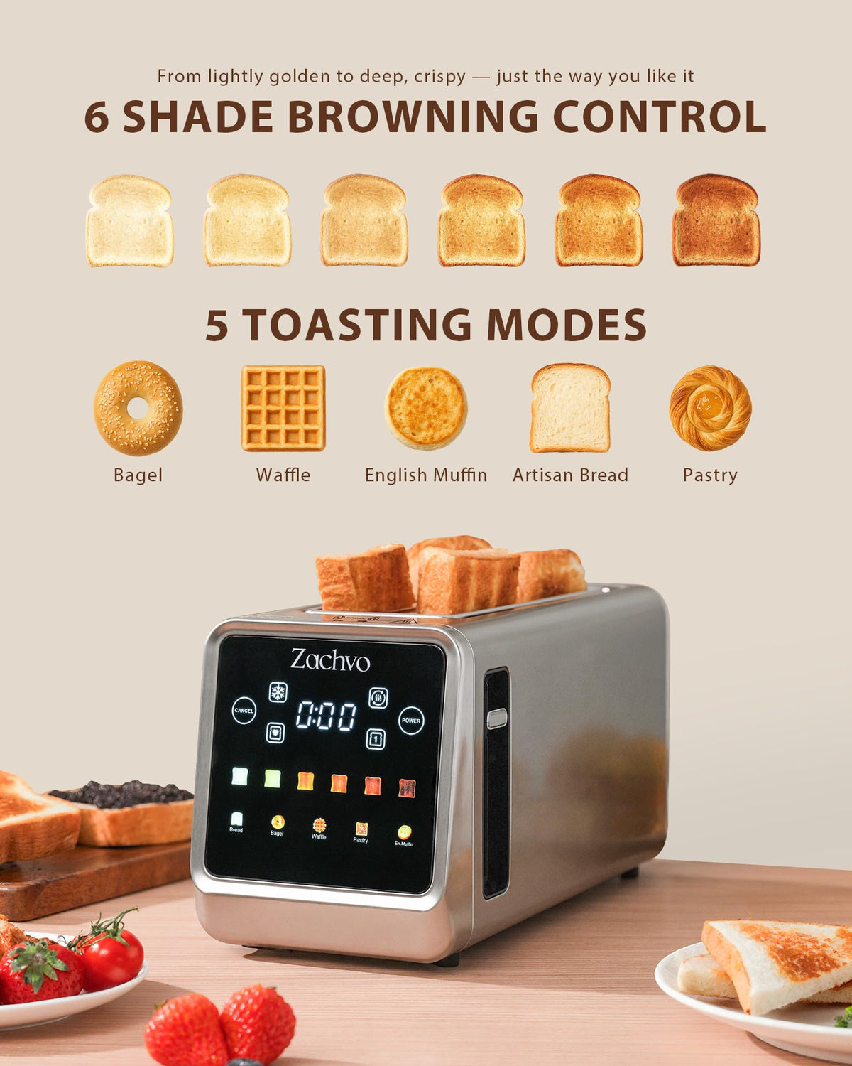 ZACHVO 4-slice toaster showing even browning on all slices