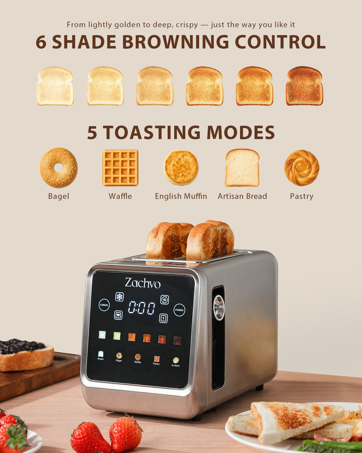 Six shade settings ensure even browning on every toast.