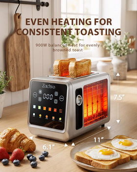 Removable crumb tray simplifies cleanup after breakfast.