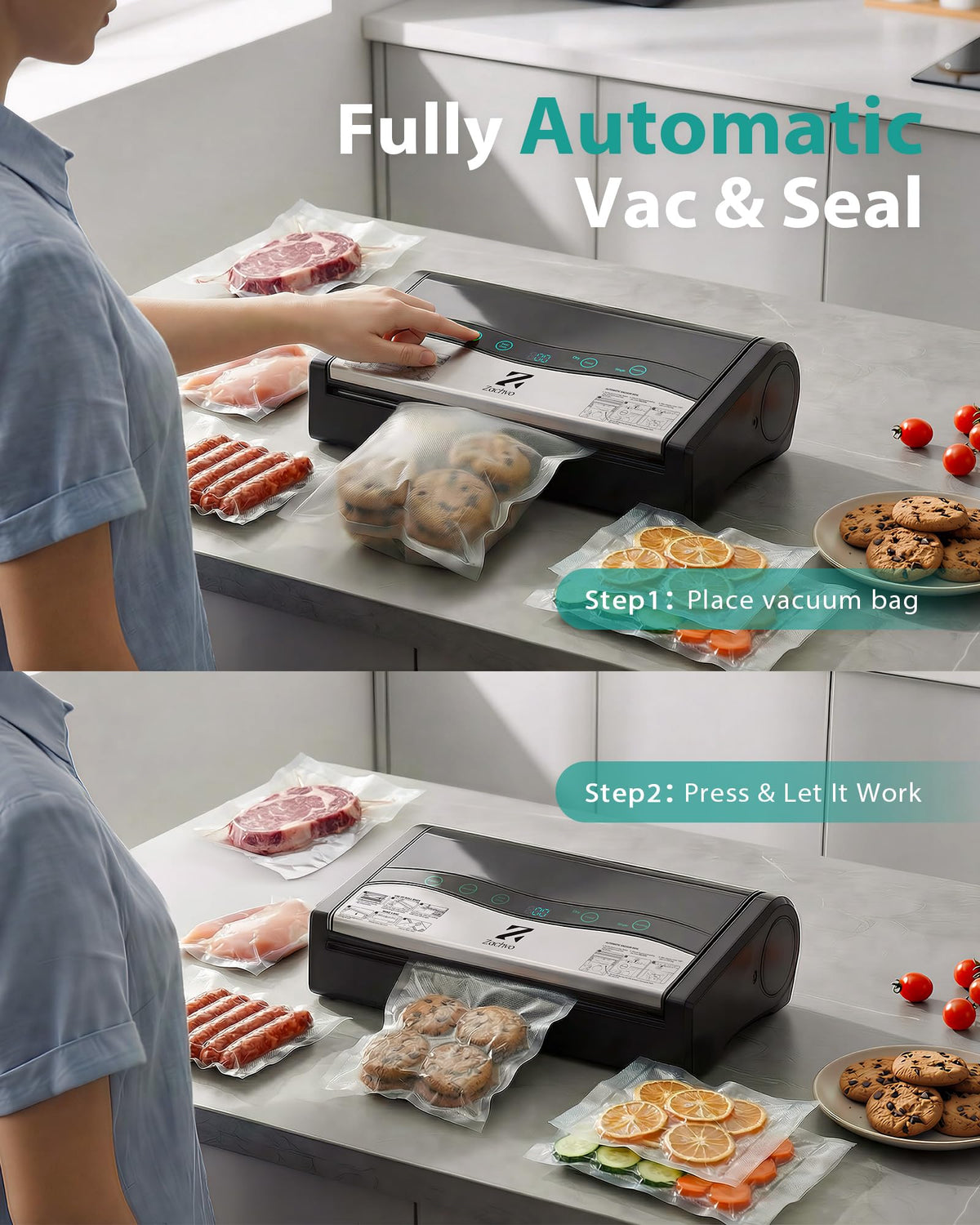 ZACHVO vacuum sealer sealing quickly at 12 L/min for efficient meal prep.