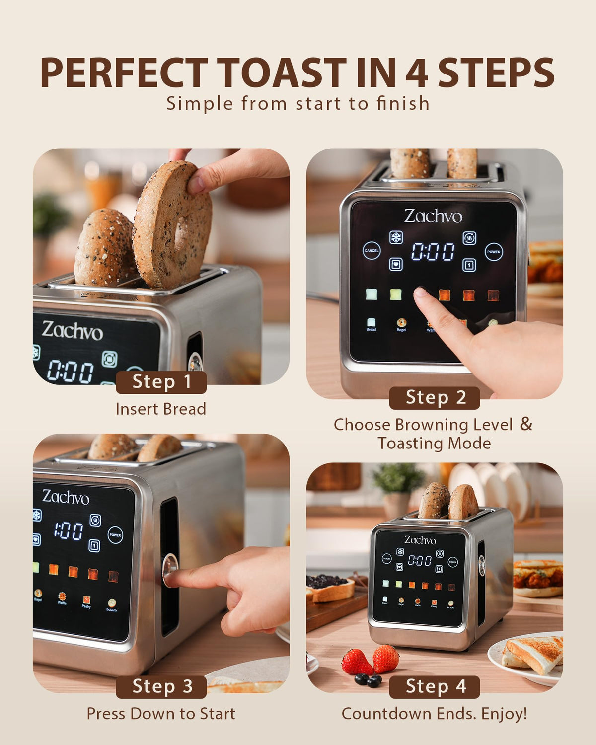 Memory function recalls the last toasting setting for convenience.