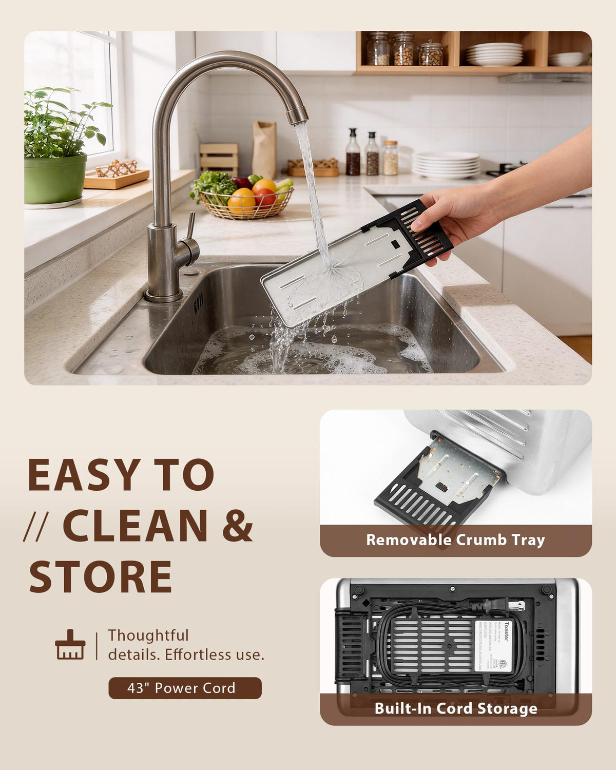 Slim stainless steel design fits modern kitchen aesthetics.