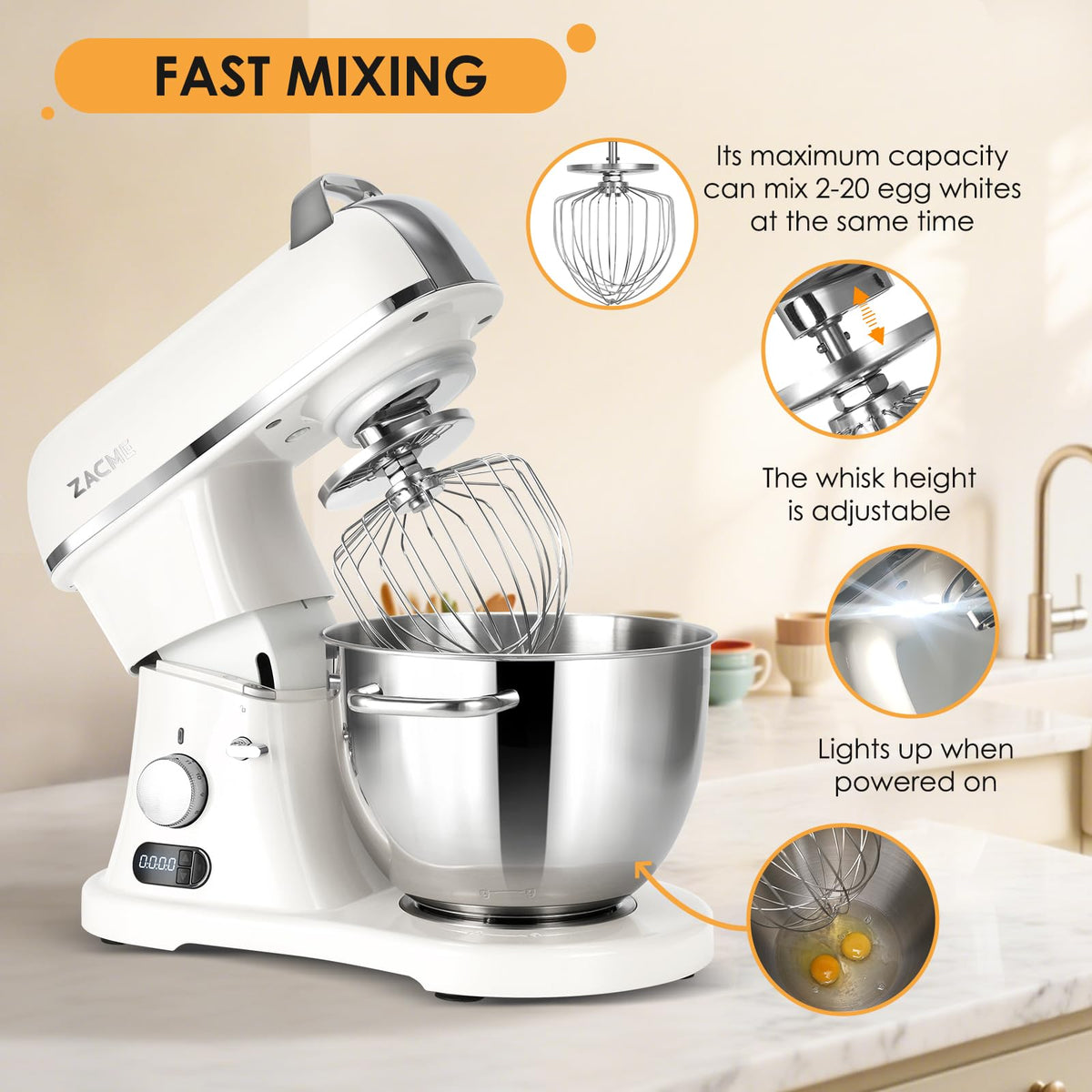 ZACME mixer LED display aids precise time settings during cooking projects.