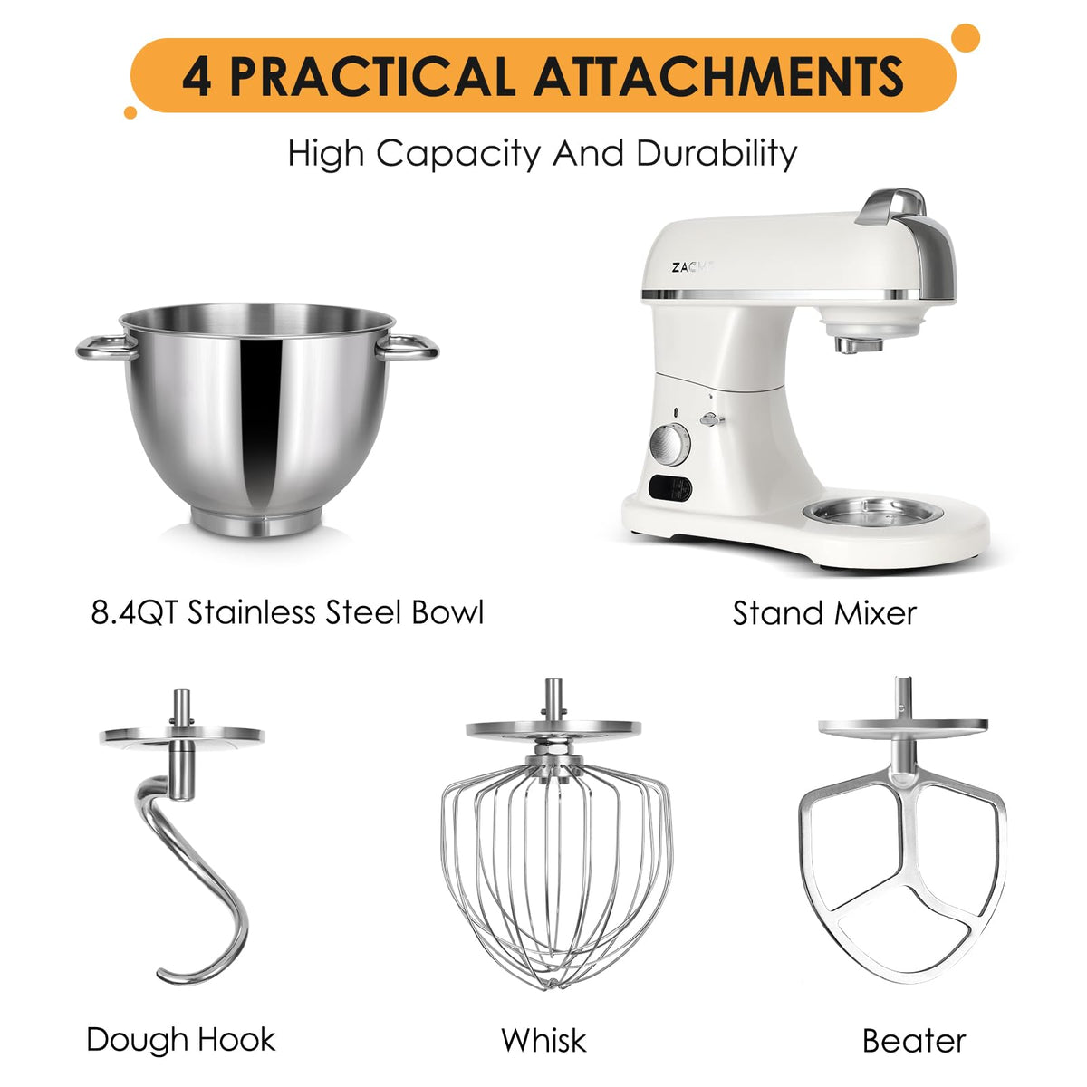ZACME tilt-head design makes attachment changes quick and bowl removal easy.