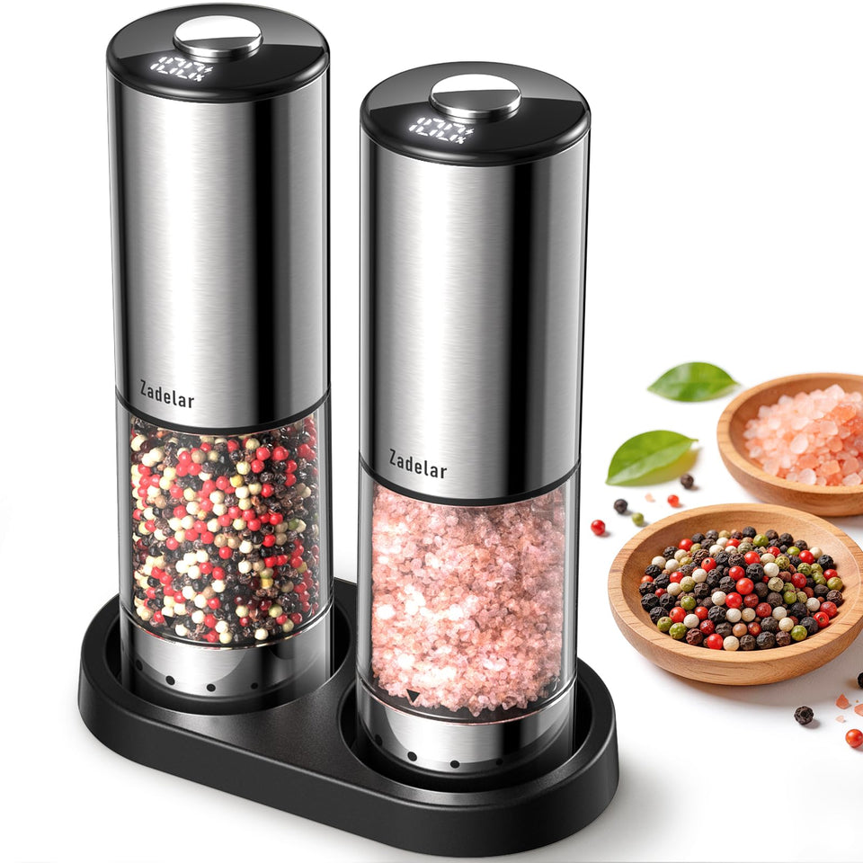 Zadelar rechargeable grinder with storage base and LED display for precise seasoning at a glance