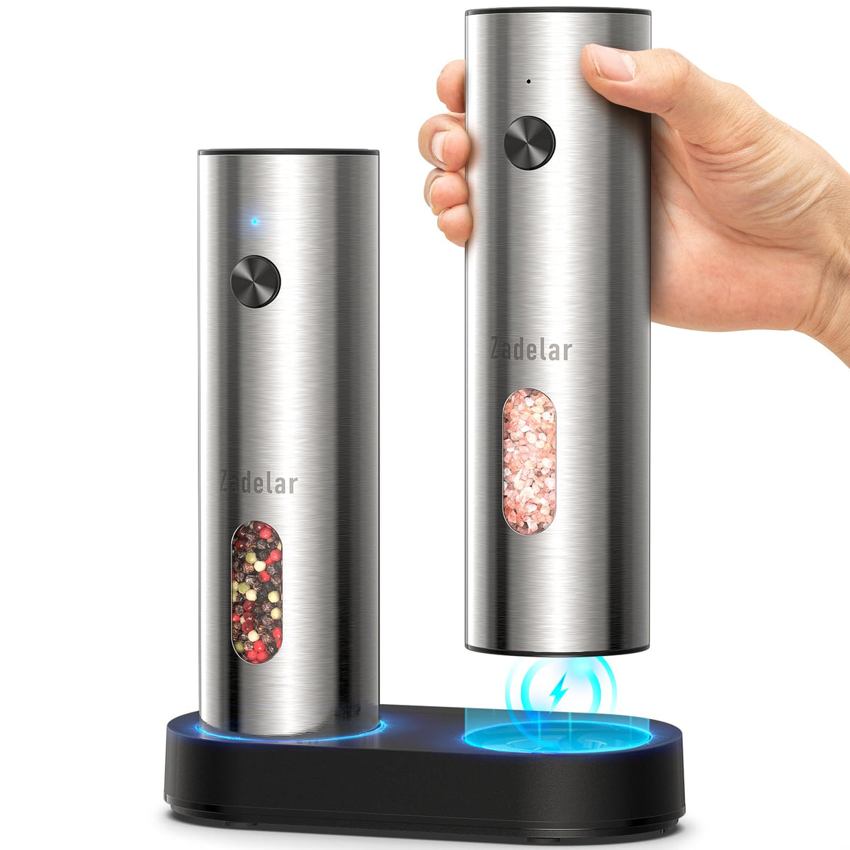 Zadelar salt and pepper grinders on USB-C base for easy charging.
