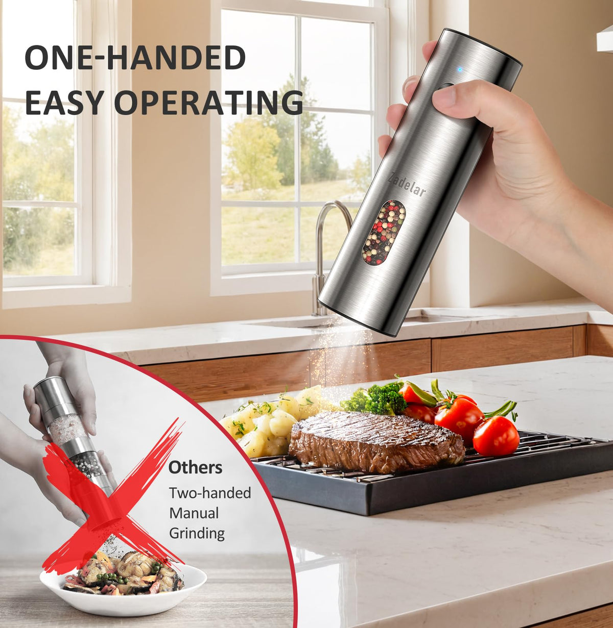 Zadelar grinder features a durable stainless steel body.