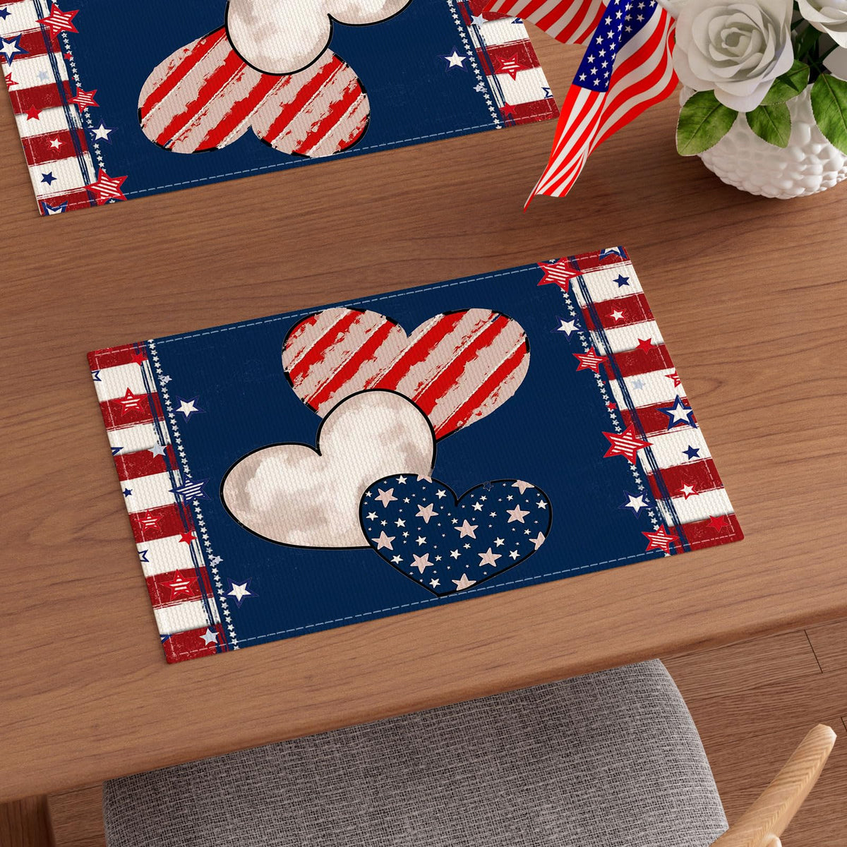 ZAEW Heart Stripe Stars placemats coordinate with blue, red, and white décor.