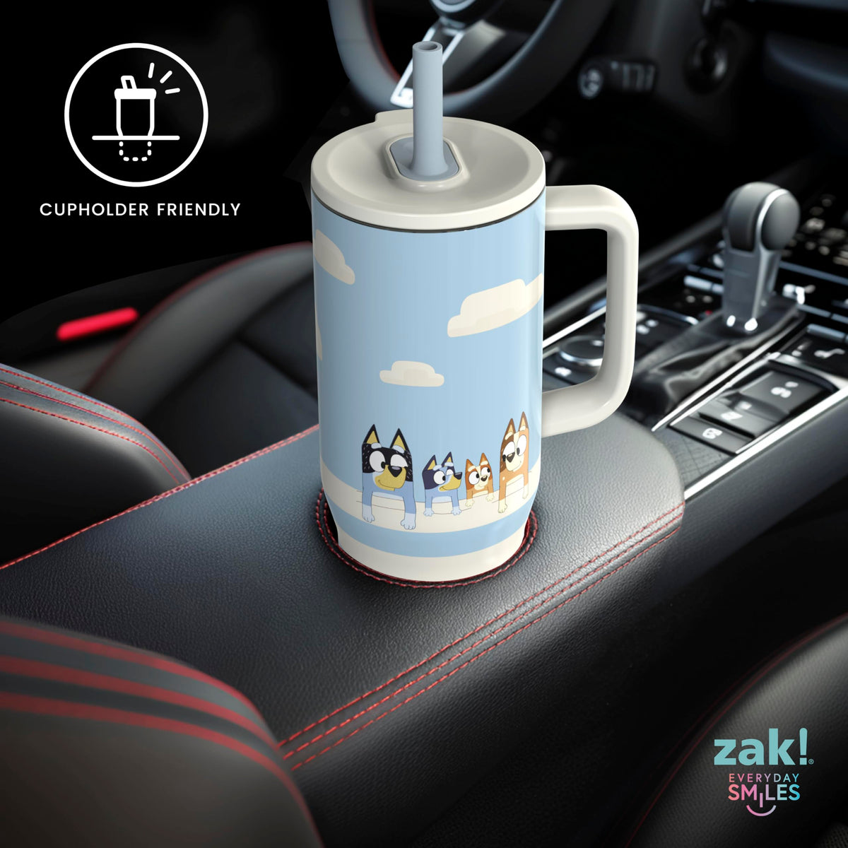 Zak Designs Bluey Sutton 30oz tumbler lid top-rack dishwasher safe