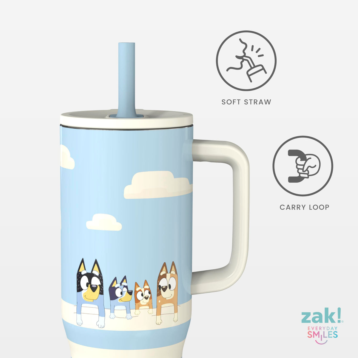 Zak Designs Bluey Sutton 30oz tumbler lid close-up showing spill-prevent seal