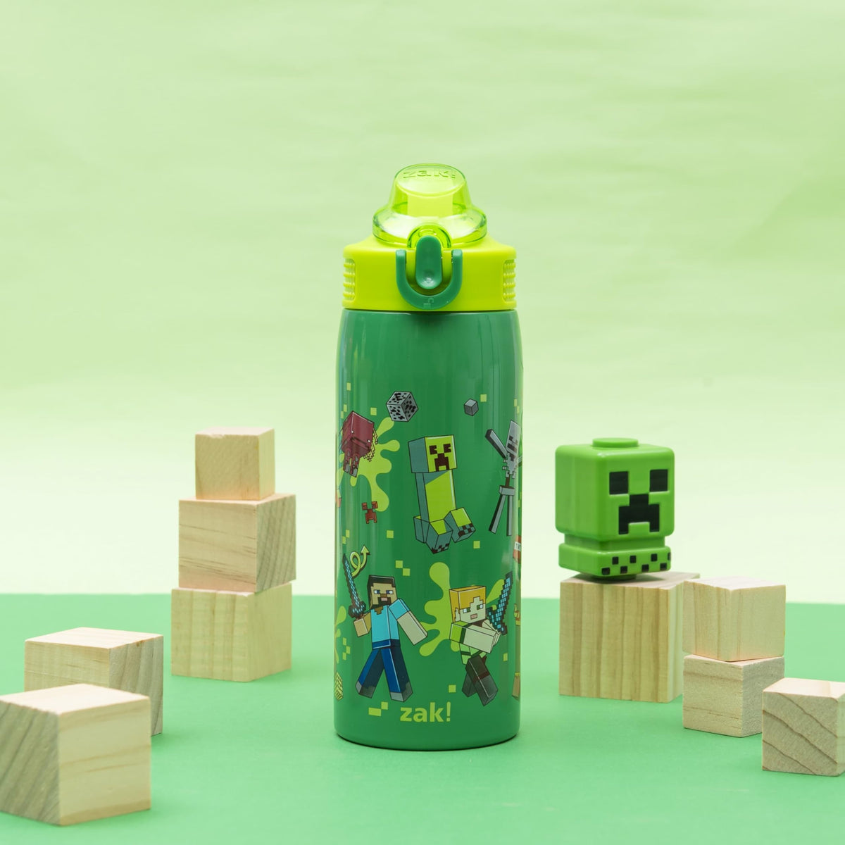 Minecraft mobs artwork on Zak Designs Sage bottle, leak-proof lid for spill-free travel.