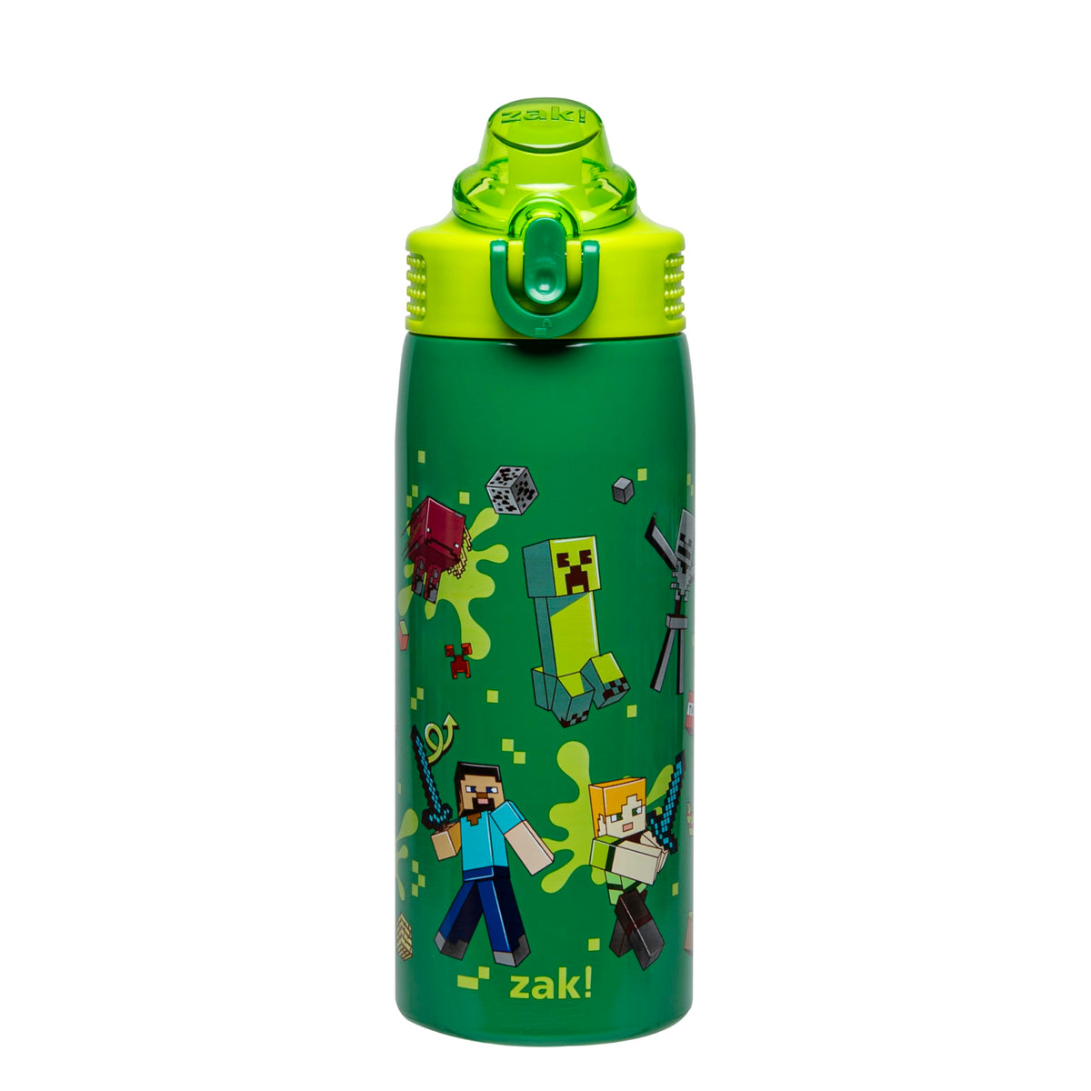 Zak Designs Minecraft Sage bottle with Steve illustration, sturdy 19oz steel for school hydration.